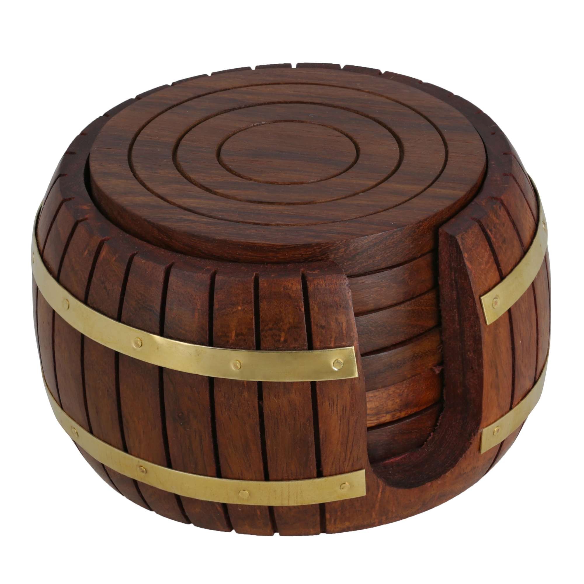 wooden round tea coasters set of 6 in antique inspired barrel holder