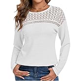 Chicrise Waffle Knit Tops Women Lace Crew Neck Long Sleeves Shirts Dressy Casual Blouses Basic