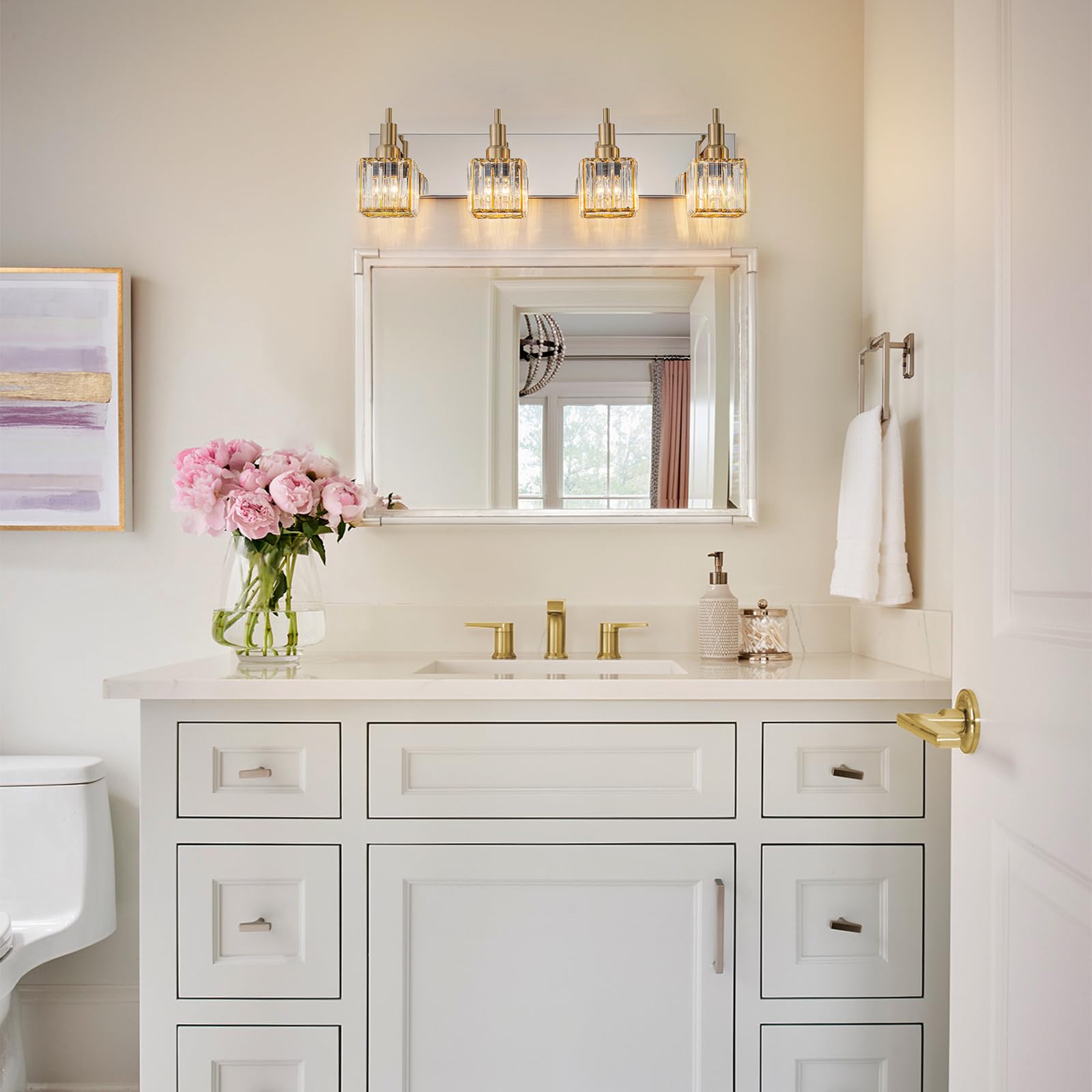 Condition photo showing New/Like New for huoku crystal bathroom light gold chrome 4-light modern bathroom vanity fixtures over mirror square