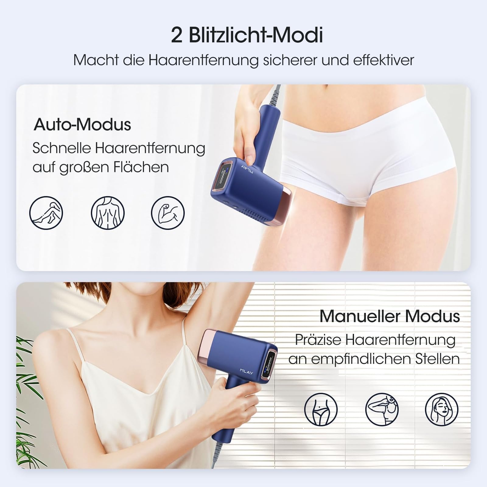 MLAY IPL Laser Haarentfernung zuhause, 0,5 Sek./Impuls, schmerzfreie Haarentfernung mit Kühlung, zwei Präzisionsköpfen, Männer und Frauen geeignet für Gesicht, Achselhöhlen, Beine und Bikinizone 8