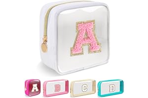 Iqimott Mini Clear Personalized Initial Makeup Bag, Nylon Preppy A-Z Chenille Letter Patch Zipper Cosmetic Bag, Small Cute Po