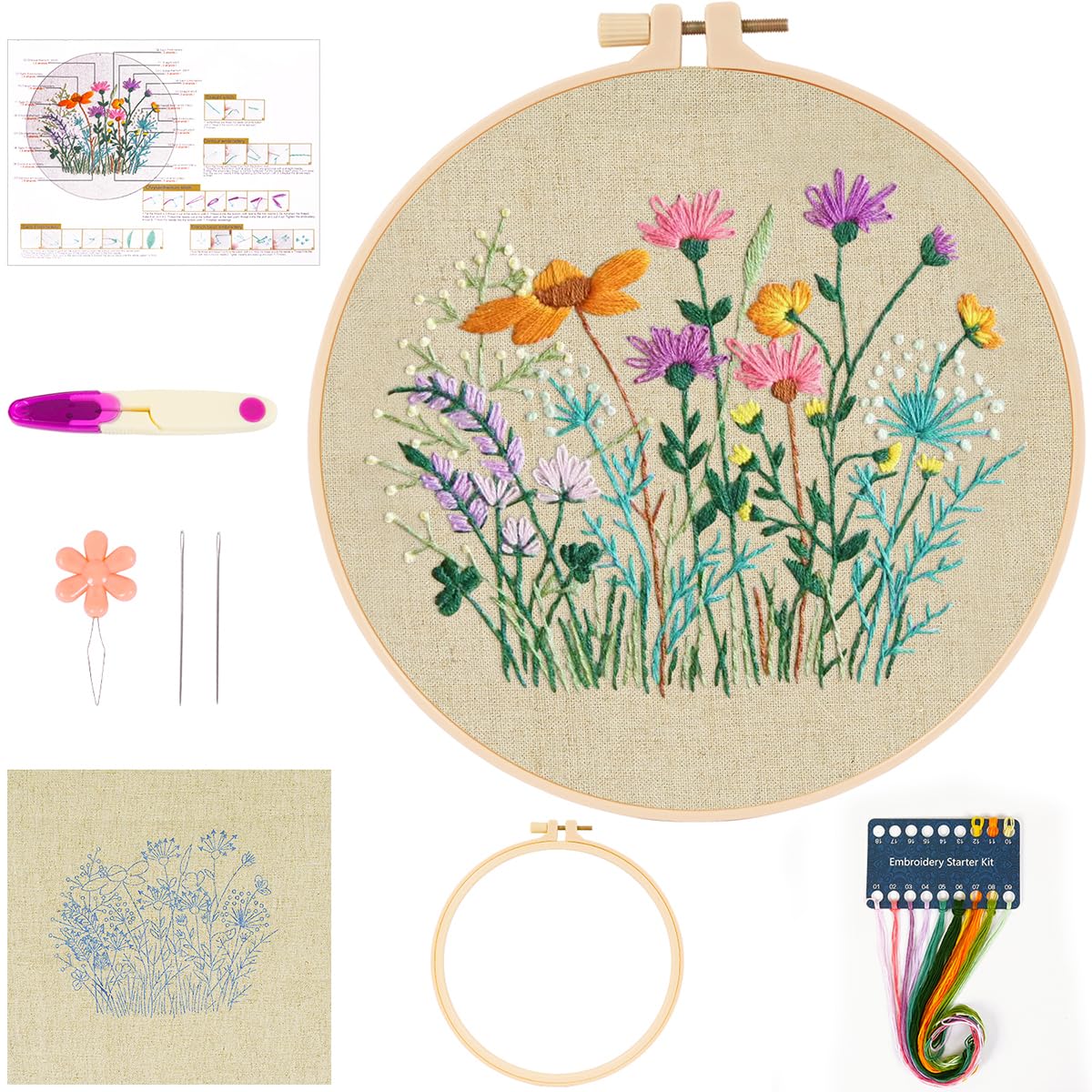 Embroidery Kit for Beginners Adults, Stamped Pre-Printed Embroidery Starter Kits with Floral Pattern, Full Range of Flower Cross Stitch Kits with Colored Threads Needles Embroidery Hoop Instructions