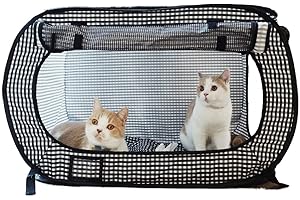 Necoichi Stress-Free Enclosure Cat Travel Carrier Cage 31.8" L x 20.0" W x 20.0" H Collapsible Gray White Stripes | Pop up Kannel, Crates