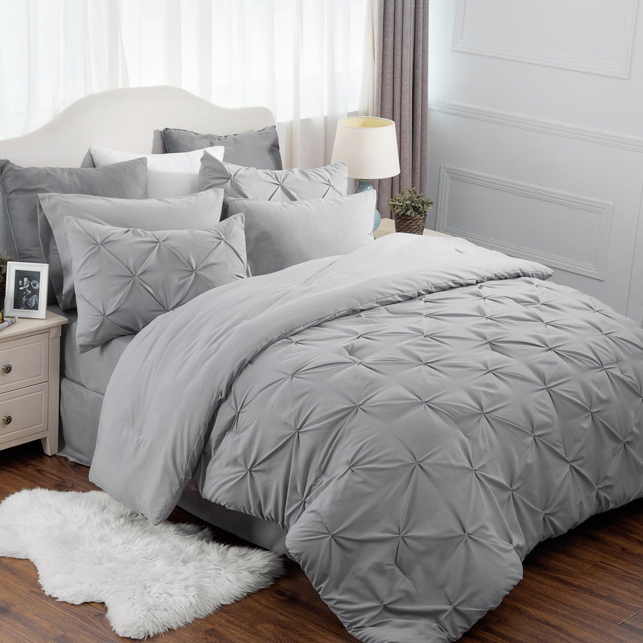 Bedsure Comforter Set Queen/Full Bed in A Bag Grey 8 Pieces - 1 Pinch Pleat Comforter(88X88 inches), 2 Pillow Shams, 1 Flat Sheet, 1 Fitted Sheet, 1 Bed Skirt, 2 Pillowcases: Home & Kitchen