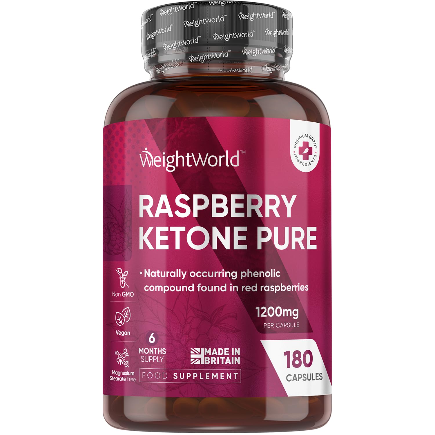 Pure Raspberry Ketones Capsules 1200mg - 180 Capsules - 6 Months Supply - 1 per Day - Rich in Phenolic Compounds - Vegan & Non-GMO Raspberry Ketone Supplements for Men & Women - Made in the UK