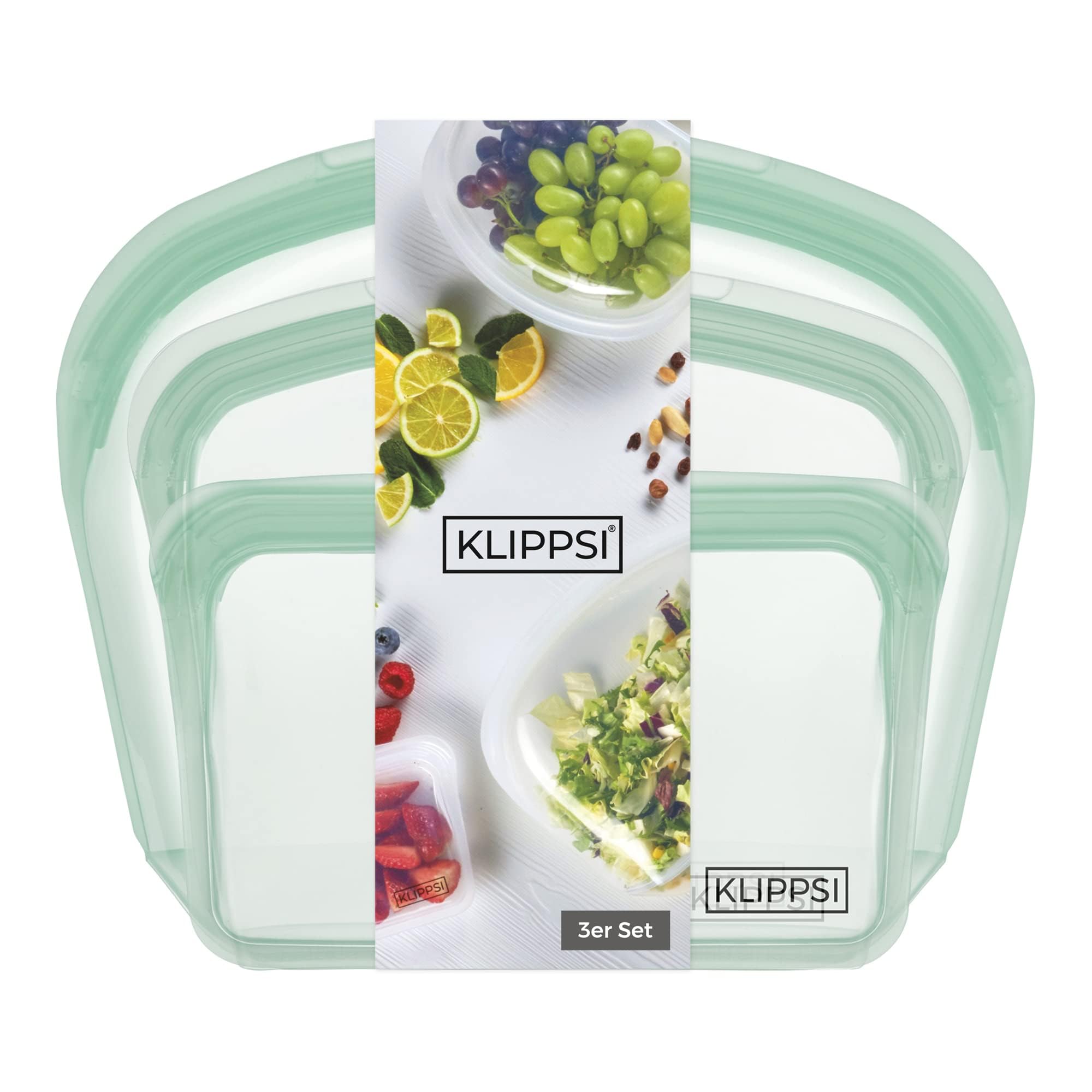 KLIPPSI® Set of 3 Reusable Silicone Bags, Freezer Bags, Storage Bags, Tear-Resistant, Heat-Cold-Resistant, Leak-Proof, Dishwasher Safe (Green)