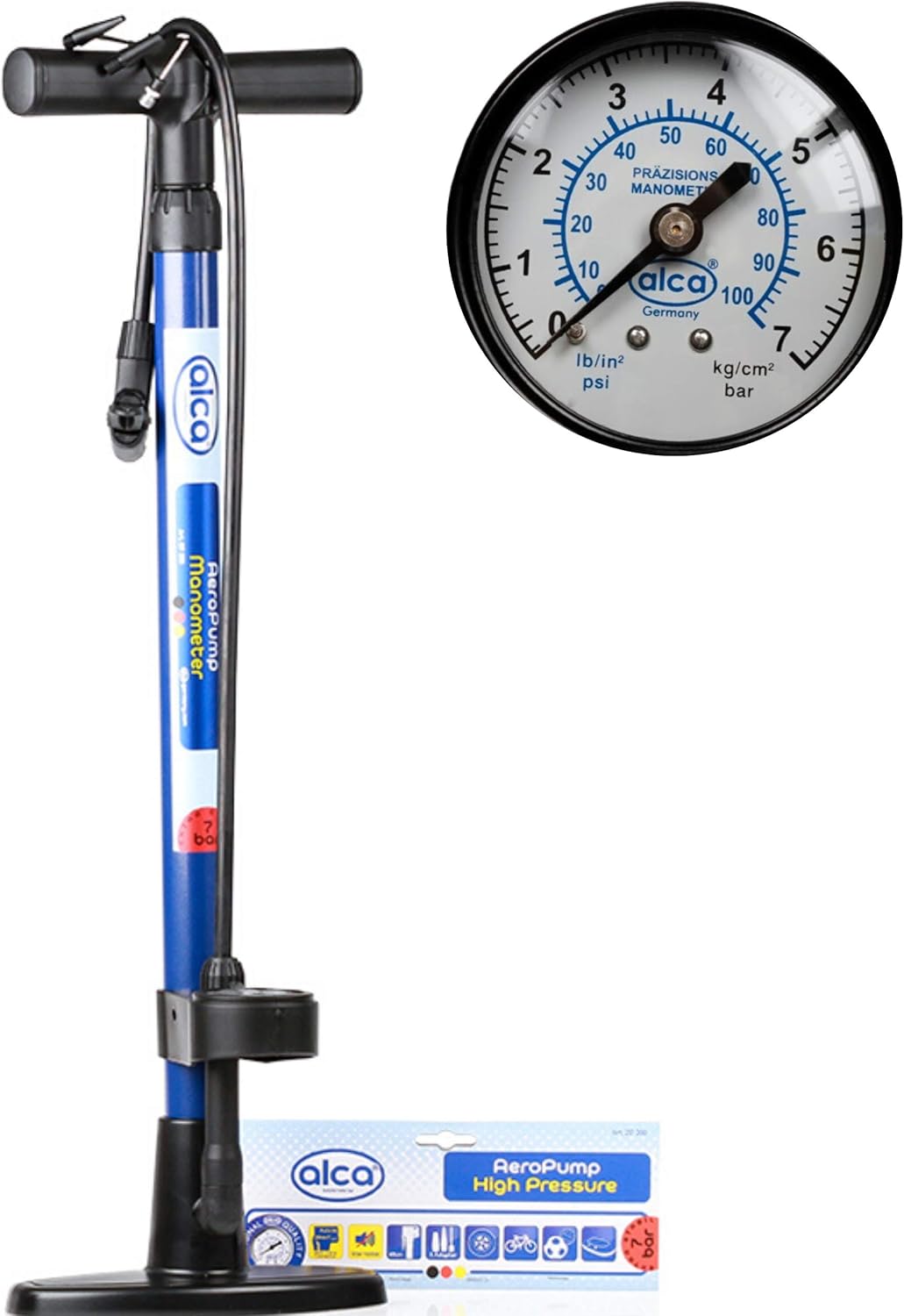 alca Germany AeroPump High Pressure Hand Floor Air Pump Gauge 7 Bar 100