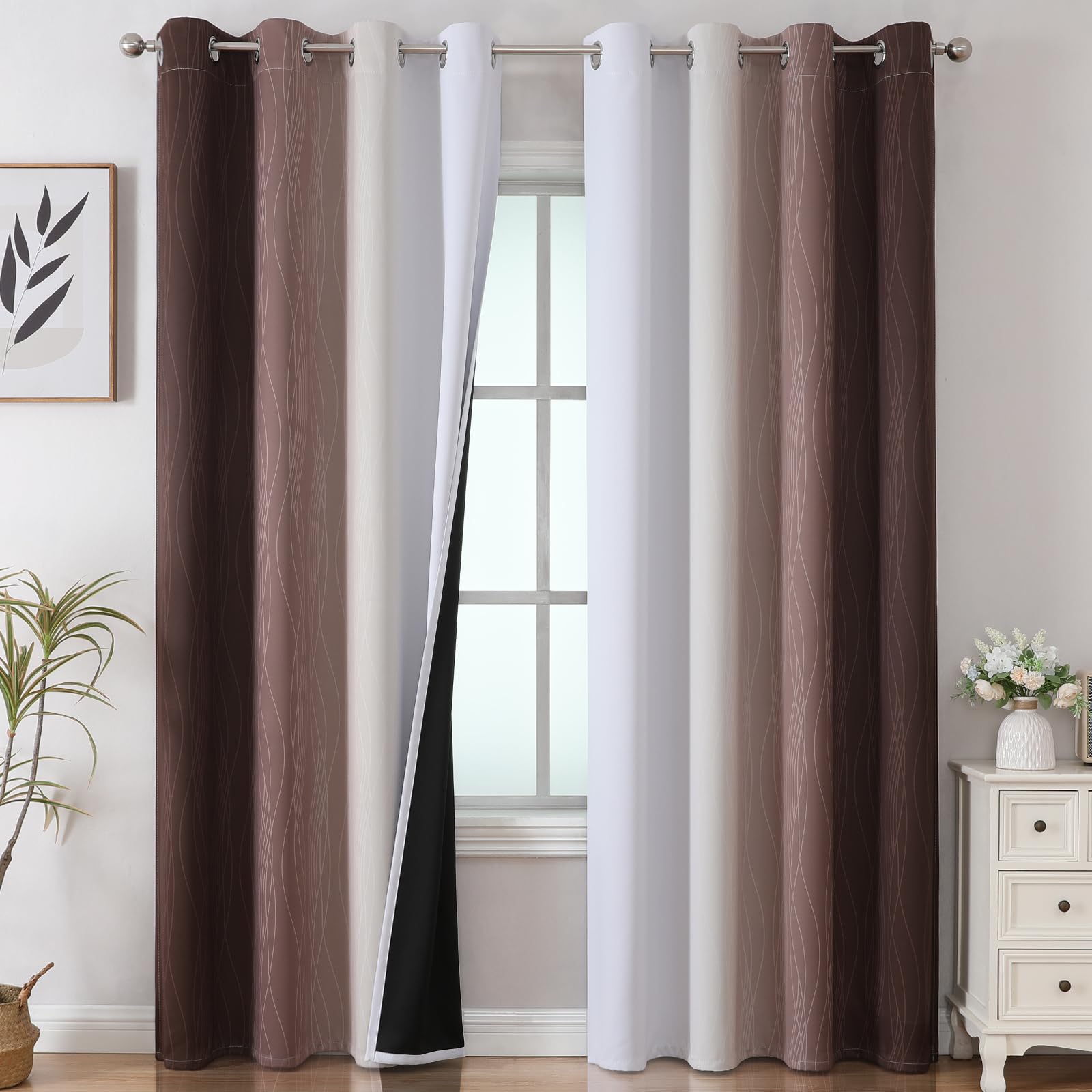 Photo 1 of Estelar Textiler Brown and Greyish White Gradient Blackout Curtains for Bedroom, Thermal Insulated Ombre Blackout Drapes, Full Room Darkening Energy Saving Curtains for Living Room,52Wx84L,2 Panels