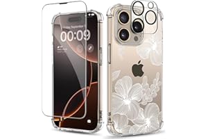 ilnehc for iPhone 16 Pro Max Case,[3 in 1] with Screen Protector & Camera Lens Protector, Flower Pattern Design,Clear Soft Shockproof Slim Floral Phone Cover for Women Girls 2024 6.9"(Flower-2/White)
