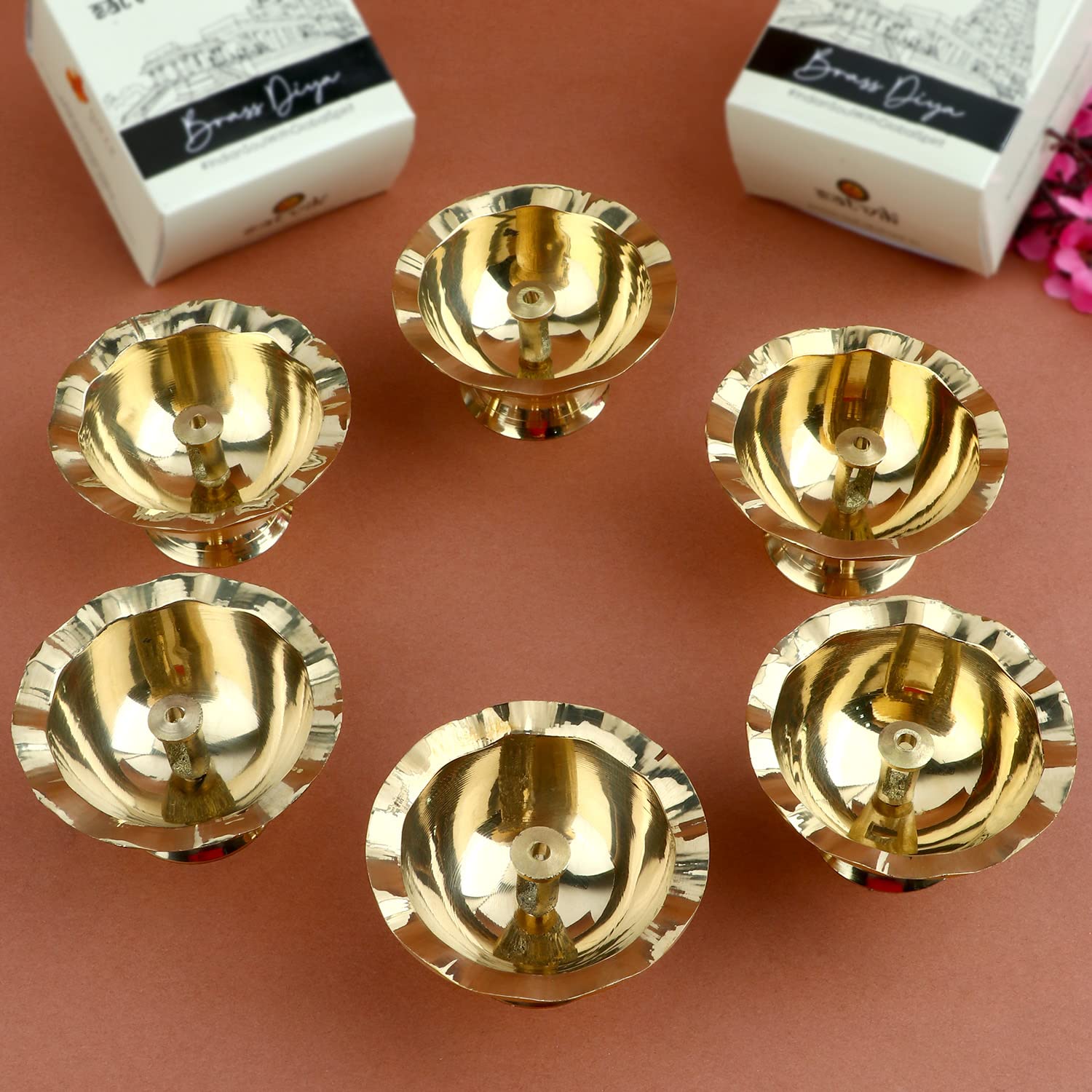 Satvik 6 Pc Pure Brass Diya for Pooja Tibetan Butter Lamp Buddhist Altar Supplies Tea Light Holder Indian Puja Kutthu Vilakku Deepam Meditation Offering Indian Diwali Mandir Housewarming Return Gifts