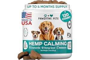 PAWZITIVE PETS Hemp Calming Chews for Dogs - Dog Calming Chews for Anxiety Relief, Stress, Separation, Fireworks, Thunder, Travel, Vet Visits - USA Product - 120 Soft Treats with Melatonin, Chamomile, Passion Flower