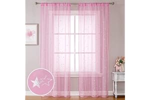 WUBODTI Light Pink Sheer Curtains for Girls Bedroom Nursery 39 x 106 inch Long,1 Panel, Extra Long Cute Star Semi Sheer Privacy Gauze Curtain Drapes for Living Room Sliding Glass Door