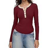 REORIA Women's Henley Long Sleeve T Shirts Button Ribbed Knit Slim Scoop Neck 2025 Fall Fashion Basic Tops