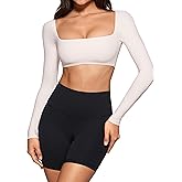 INGIA Womens Square Neck Long Sleeve Crop Top Workout Athletic Yoga Basic Tee Bandeau Fitted T-Shirt with Built in Bra