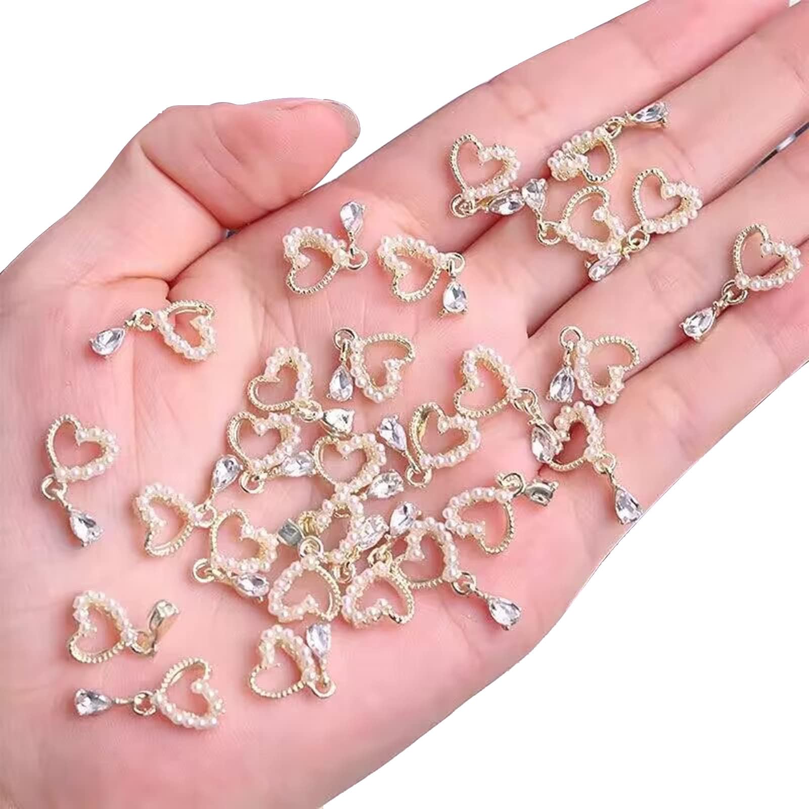 Heart Nail Charms,20PCS 3D Pearl Rhinestone Love Alloy Nail Charms,Gold Nail Art Dangle Charms Nail Jewelry for Nail Decorations DIY Crafts