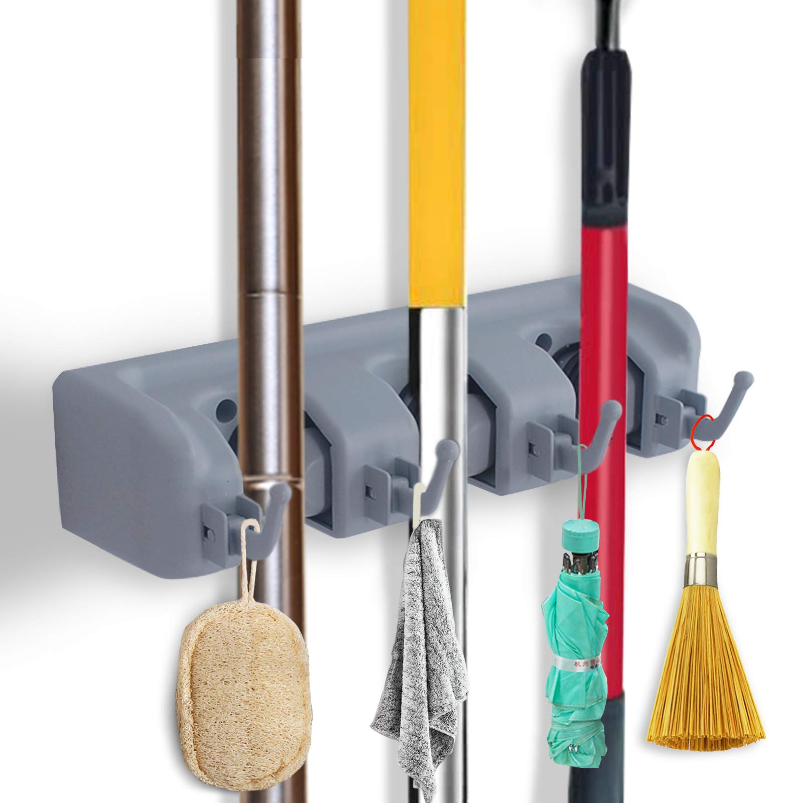Birsppy Broom Mop Holder Wall Mounted Mop with Heavy Duty Clip Hangers Broom Storage Tidy Organizer with 3 Racks 4 Retractable Hooks for Brush Kitchen Bathroom Office Garden
