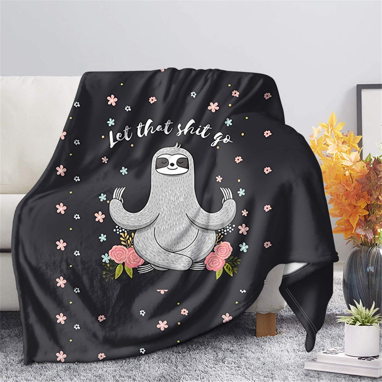 HUGS IDEA Sherpa Fleece Blanket, Cute Yoga Sloth Floral Black Flannel Soft Oversized Adults Throw Lightweight Cozy Plush Microfiber Bedspreads - XS