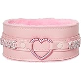 paloli Furry Heart O-Ring Choker for Women, Adjustable Gothic Punk Plush Leather Necklace