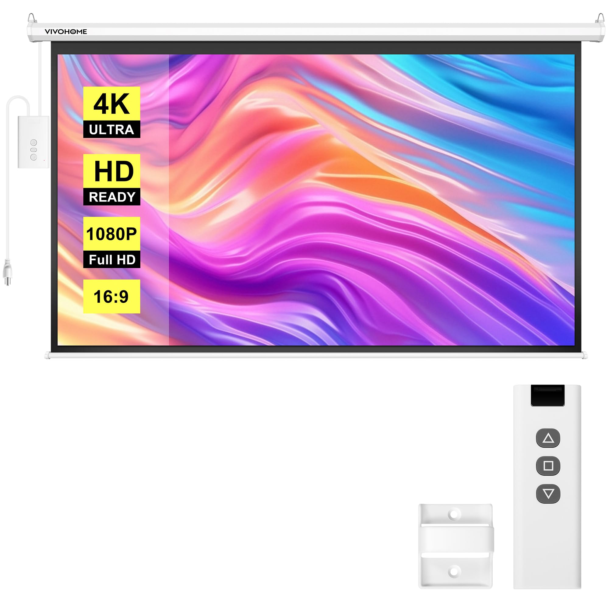 Photo 1 of VIVOHOME Motorized Projector Screen with Remote, 16:9 84 Inch Auto Electric Projection Screen, HD 4K Movie Screen for Home Theater, Cinema, Office (73 x 41 White)