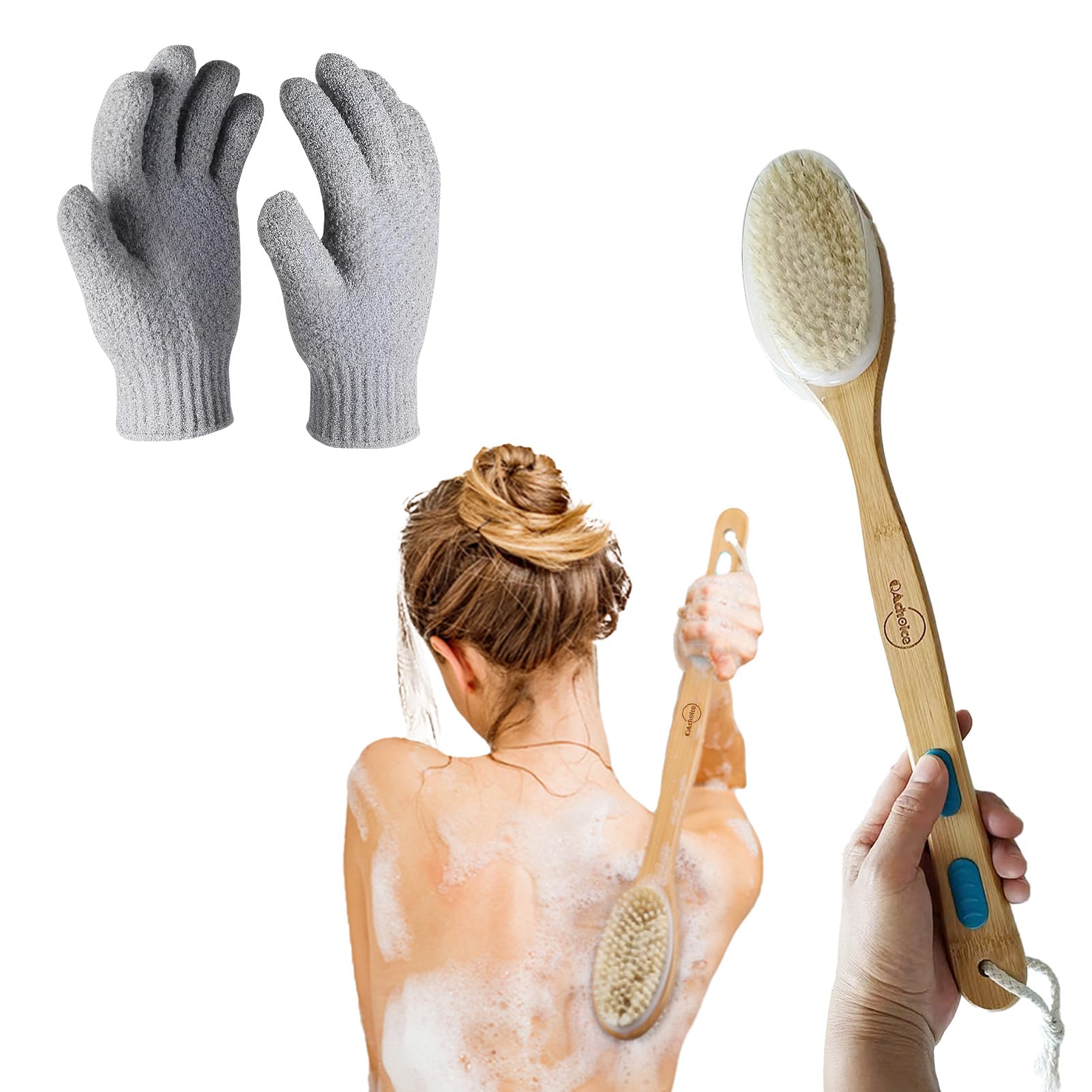 QACHOICE Dual Sided Back Scrubber & Silicone Bath Brush with 15cm Handle - Exfoliating, Deep Cleansing for Men, Women, Elderly - Gray Body Brush for Shower Routine