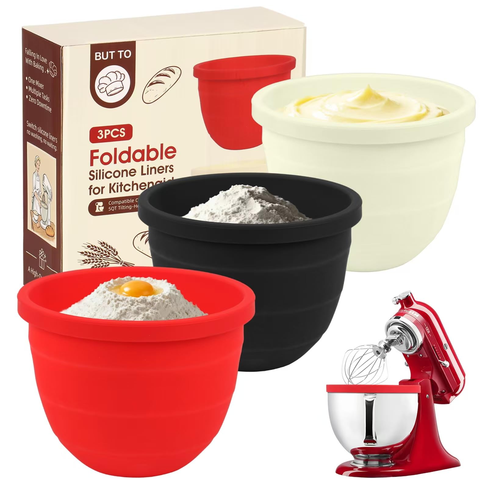 Photo 1 of 3 PCS Foldable Silicone Liners for Kitchenaid Tilt-Head 5 QT Mixer - Dishwasher-Safe Food-Grade Silicone Bowl Insert - Simple to Use Mixer Accessories for Effortless Baking Prep (Black+Off-White+Red)