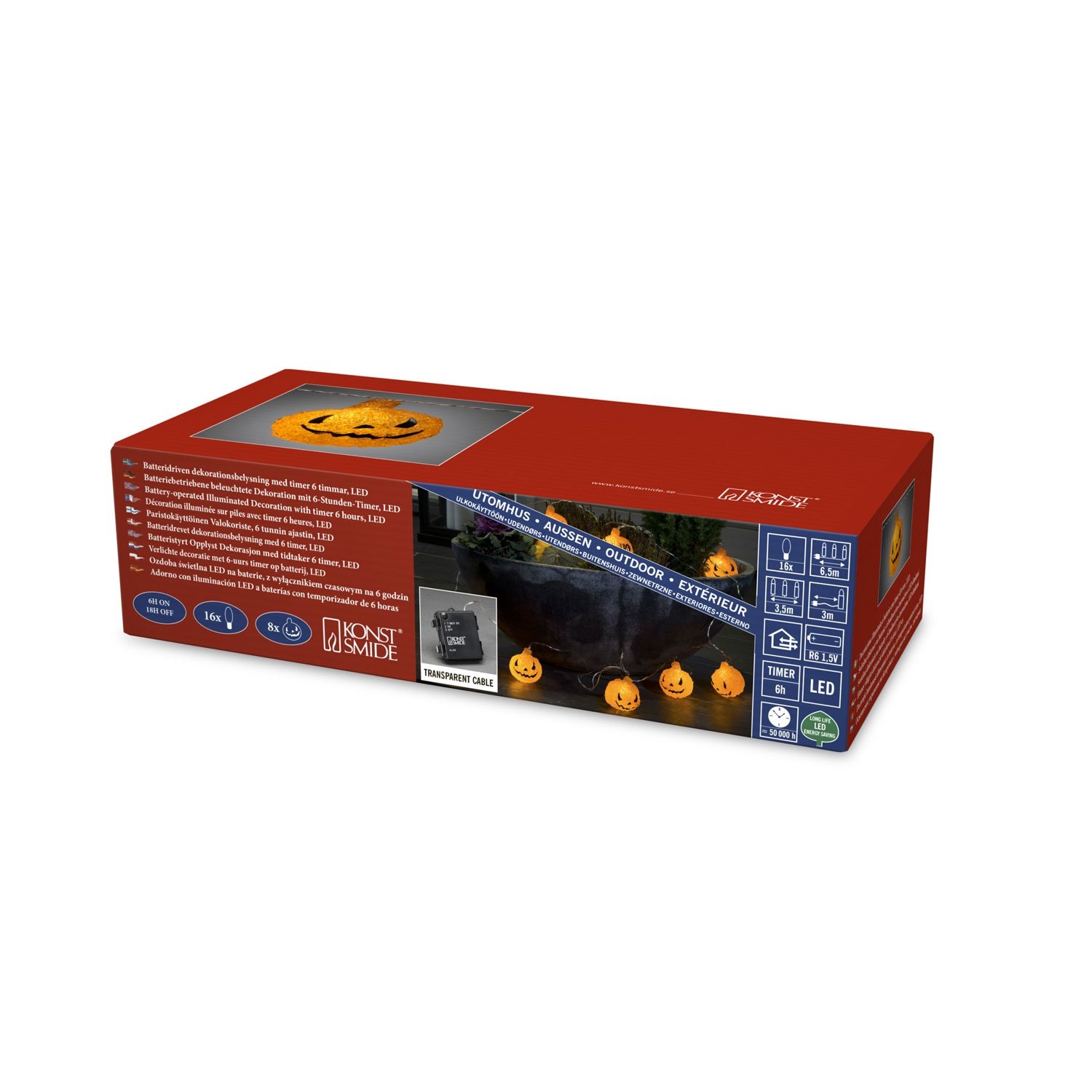 Halloween Decoration LED Light Set with 8 Acrylic Pumpkins for Outdoor Use (IP44)/Battery Operated: 4xAA 1.5V (excl.)/6h Timer/16 Warm White diodes/Transparent Cable