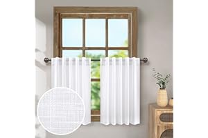 Pitalk White Kitchen Curtains Linen Tier Curtains 30 Inch Length Back Tab Loop Top Rod Pocket Boho Farmhouse Cafe Curtains Semi Sheer Short Curtains for Small Window Living Room Bedroom 2 Panels 36x30
