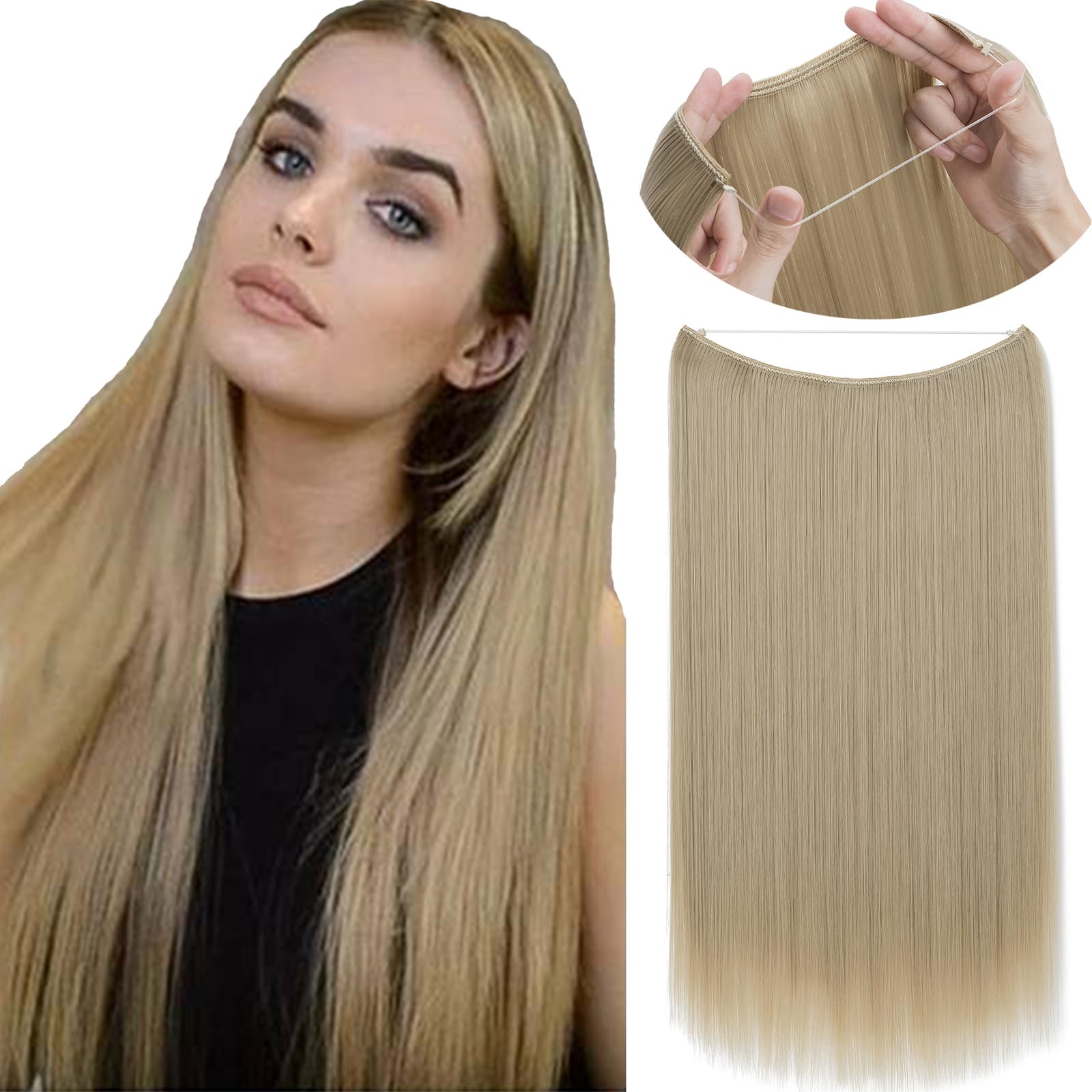 Invisible Secret Hidden Wire in Hair Extensions 20 Inches Long Straight Synthetic No Clip in Hairpieces Miracle Translucent Fish Line Ash Blonde