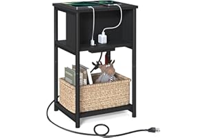 VASAGLE Side Table with Charging Station, 3-Tier End Table with USB Ports and Outlets, Nightstand for Living Room, Bedroom, 11.8 x 13.4 x 22.8 Inches, Plug-in Series, Black