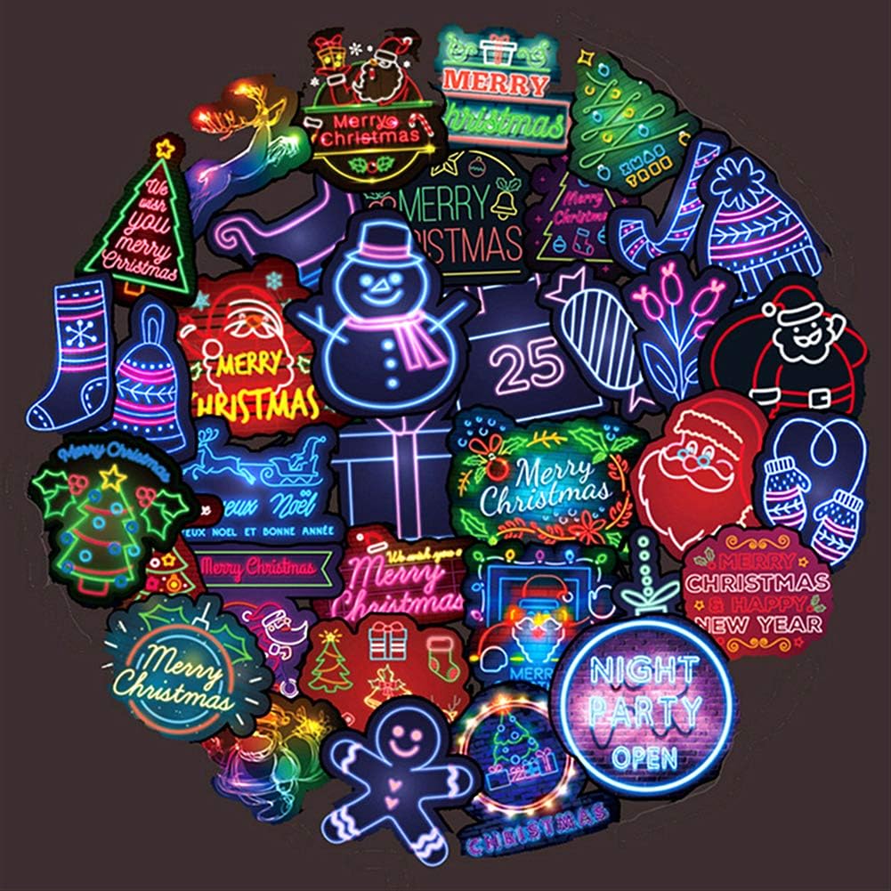 Water Bottle Christmas Neon Style Stickers Laptop Stickers Pack 50 Pcs Christmas Decals for Water Bottle Laptops Ipad Cars Luggages