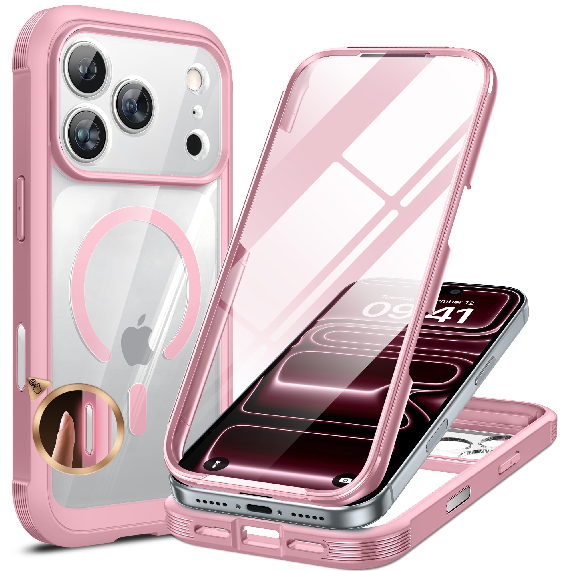 Photo 1 of Miracase for iPhone 17 Pro Max Case 6.9" Full-Body Phone Case with Built-in Glass Screen Protector& Full Camera Protector,[Magnetic with MagSafe] Drop Proof 17 ProMax Cover, Light Pink