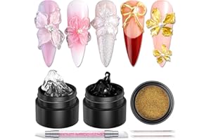Furtherpretty 3D Sculpting Gel for Nail Art, 2PCS Clear & Black Solid Builder Kit, Non-Stick Molding Hard Gel with Silicone Carving Pen and Gold Chrome Nail Powder, Professional Nail Salon Supplies