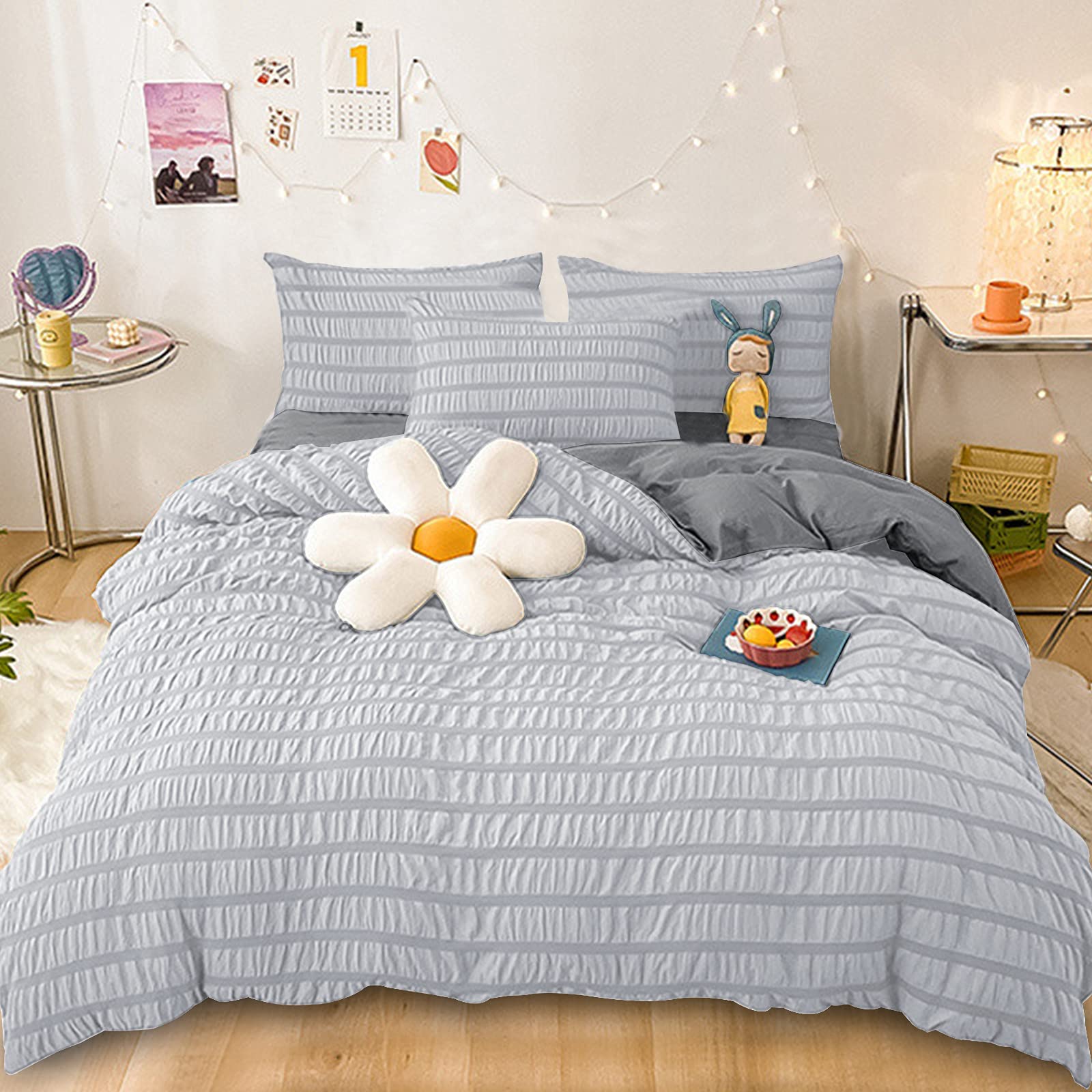 Cozyone 布団カバー 3点セット シングル シーツ シアサッカー生地 洋式・和式兼用 寝具カバーセット 掛け布団カバー ボックスシーツ 枕カバー ベッド用 布団用 優しい肌触り柔らかい 洗い替え 速乾タイプ ピーチスキン加工 四季通用 (ライトグレー+グレー, シングル・3点セット) の商品画像