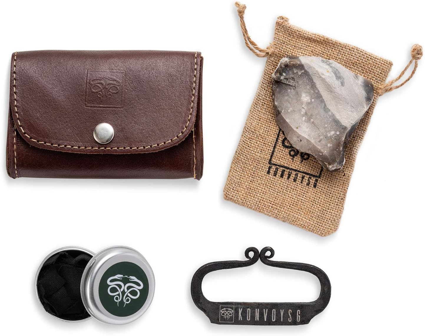 KonvoySG Carbon Steel Fire Striker, English Flint Stone & Char Cloth Traditional Hand Forged Fire Starter, Leather Gift Kit with Emergency Tinder Jute Bag