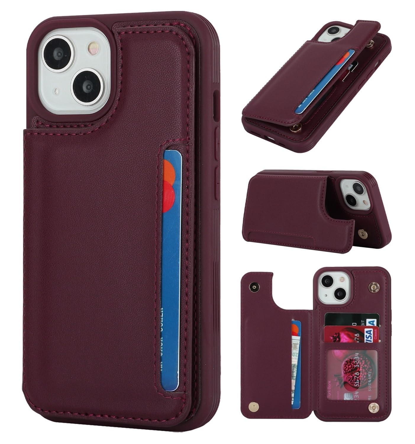 iCoverCase Compatible with iPhone 14 Case with Card Holder, Wallet Case for Women Men RFID Blocking PU Leather Protective Phone Case 6.1 Inch (Wine Red)