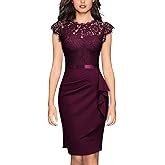 Miusol Women's Elegant Floral Lace Ruffle Design Cap Sleeve Cocktail Party Dress