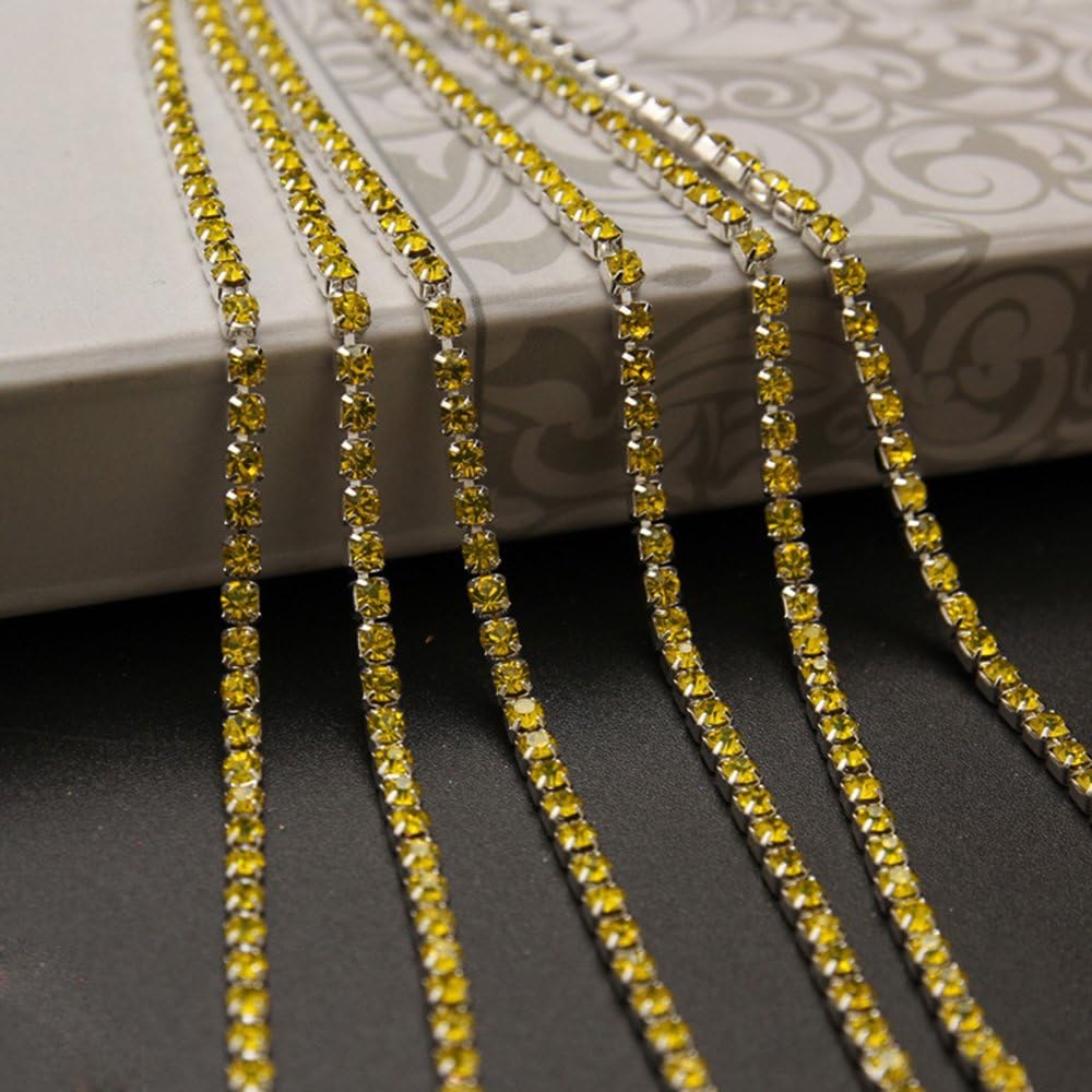 USIXUSIX 10 Yards Crystal Rhinestone Close Chain Trimming Claw Chain Multi Size Color Rhinestone Chain for DIY Arts Craft Sewing Jewelry Making (SS12/3.0MM, Yellow-Silver Chain)