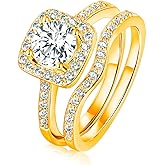 Gemsme 18K Gold Plated Two-in-One Wedding Engagement Eternity Rings Halo Cubic Zirconia Bridal Rings Set