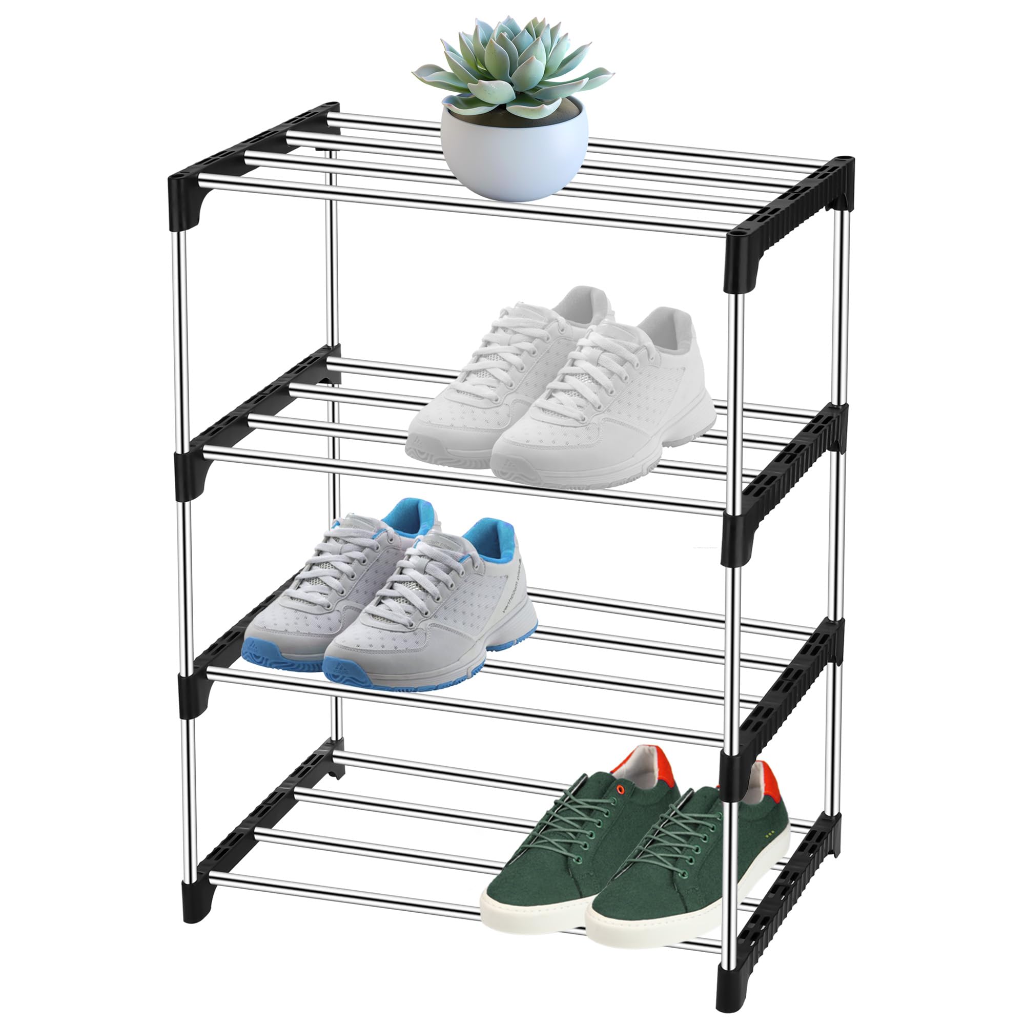 Fentar Shoe Rack Small, Stable 4 Tier Shoe Rack with Thick Steel Tubes, Space-saving Compact Shoes Racks, Shoes Stand for Narrow Space, Adjustable Shoeshelf for Boot and Shoe-Storage