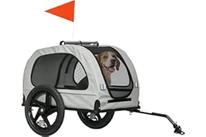 Aosom Dog Bike Trailer, Foldable Dog Wagon with Mesh Windows, Safety Leash, Safety Flag, Front/Rear Doors, Pet Bicycle Traile