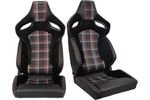 FREEMOTOR802 Universal Racing Seats, Reclinable Bucket Sport Seats Pair with Dual Lock Sliders, PU + Plaid Fabric + Suede + Carbon Leather, Black + Red Plaid