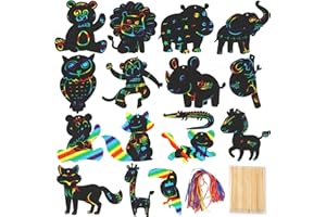 48Pcs Animal Scratch Paper, Rainbow Scratch Paper Set with 24Pcs Wooden Stylus, Animal Scratch Cards Hanging Decorations