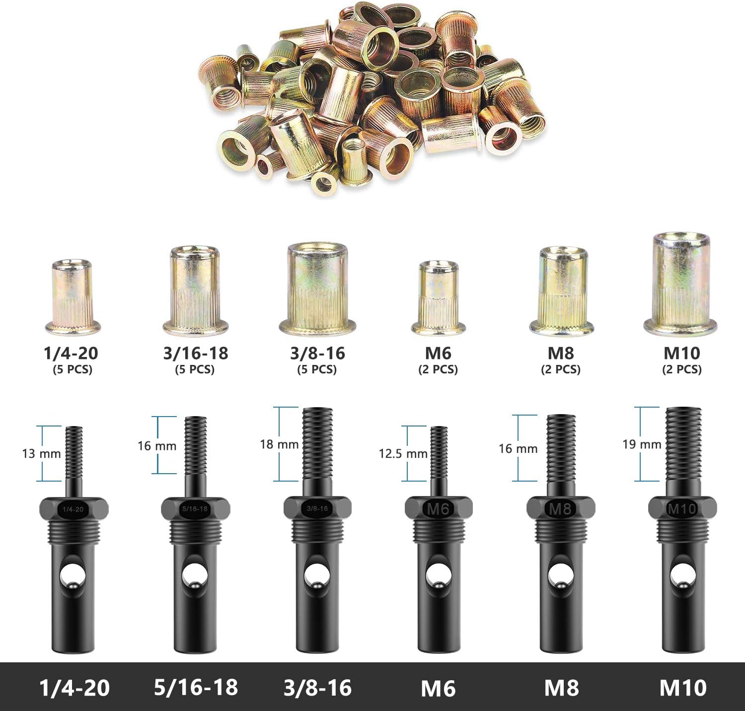 14″ Rivet Nut Tool, Hand Rivet Nut Setter Kit with 6pcs Metric/SAE