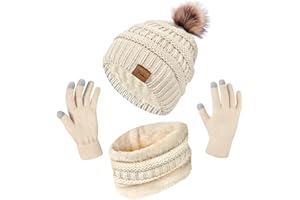 YSENSE WEAR Womens Winter Hat Scarf Glove Set, Warm Fleece Lined Pom Beanie Hat Neck Warmer and Touchscreen Gloves