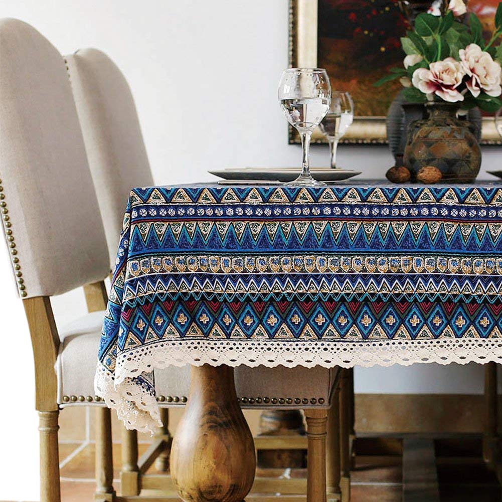 Bringsine Washable Cotton Linen Lace Bohemian Style Geometric Design Rectangle Tablecloth Dinner Picnic Table Cloth Home Decoration Assorted Size（Rectangle/Oblong, 55 x 87 Inch）
