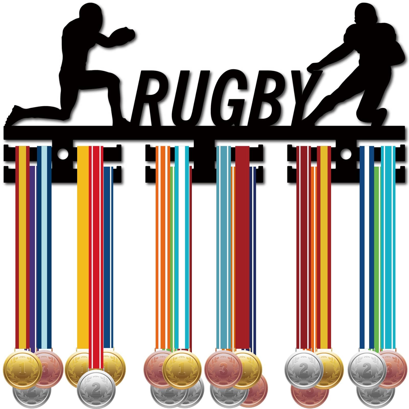 CREATCABIN Rugby Medal Holder Rack Medal Hangers Display Sports Racks Wall Mount Frame Small Hooks Acrylic Medal Hanger Organizer for Hanging Player Medals Awards Athlete Medalist 11.4 x 5.1Inch Black