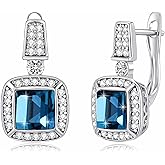 EVEVIC Square Austrian Crystal Earrings Halo Leverback Drop 14k White Gold Plated Earrings for Women Hypoallergenic Jewelry Gift