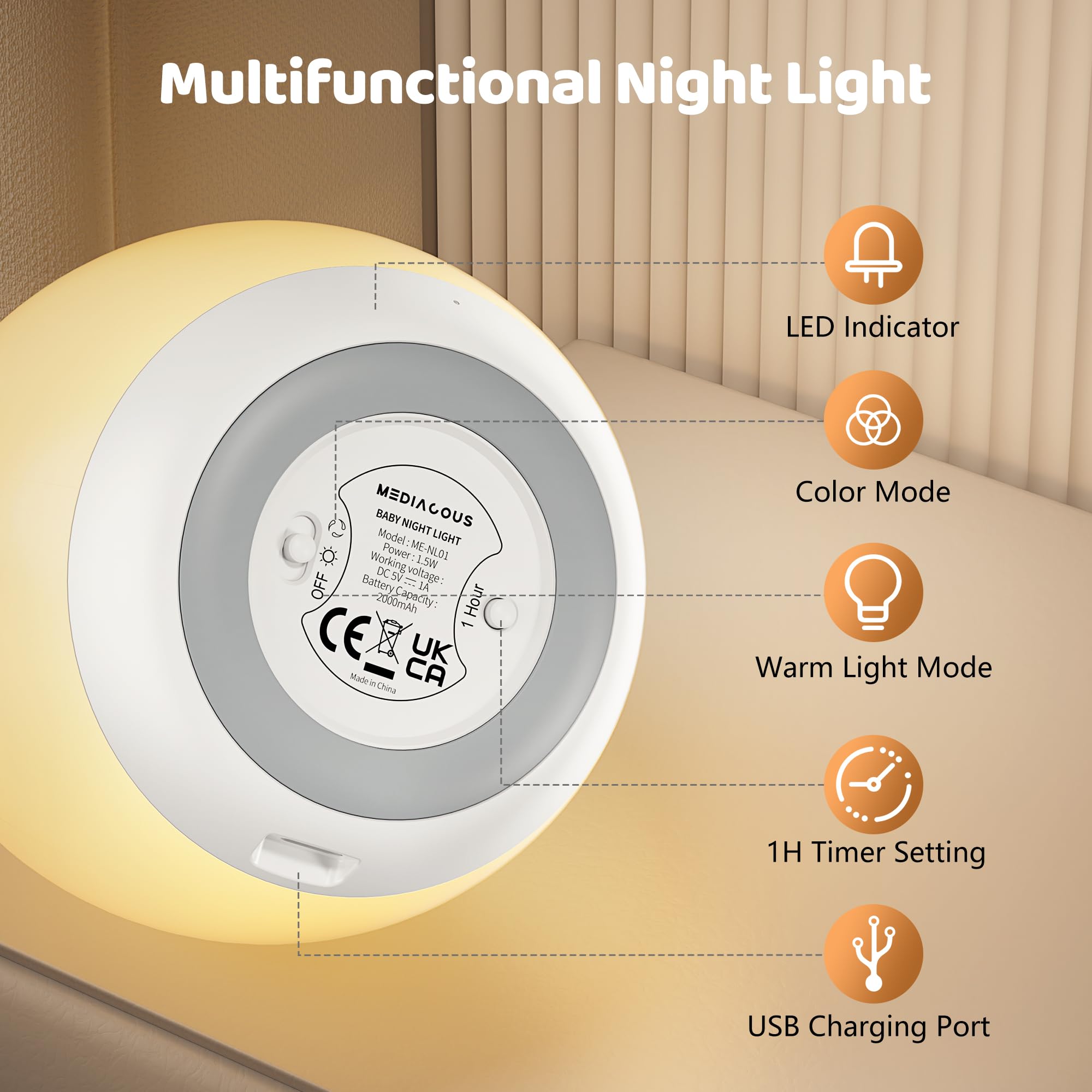 MediAcous Night Light for Kids Baby, Egg Light for Nursery, 7 Colors Changing & Stepless Dimming, Soft Silicone Touch Night Lamp with 1 Hour Timer, Rechargeable Nursery Night for Breastfeeding
