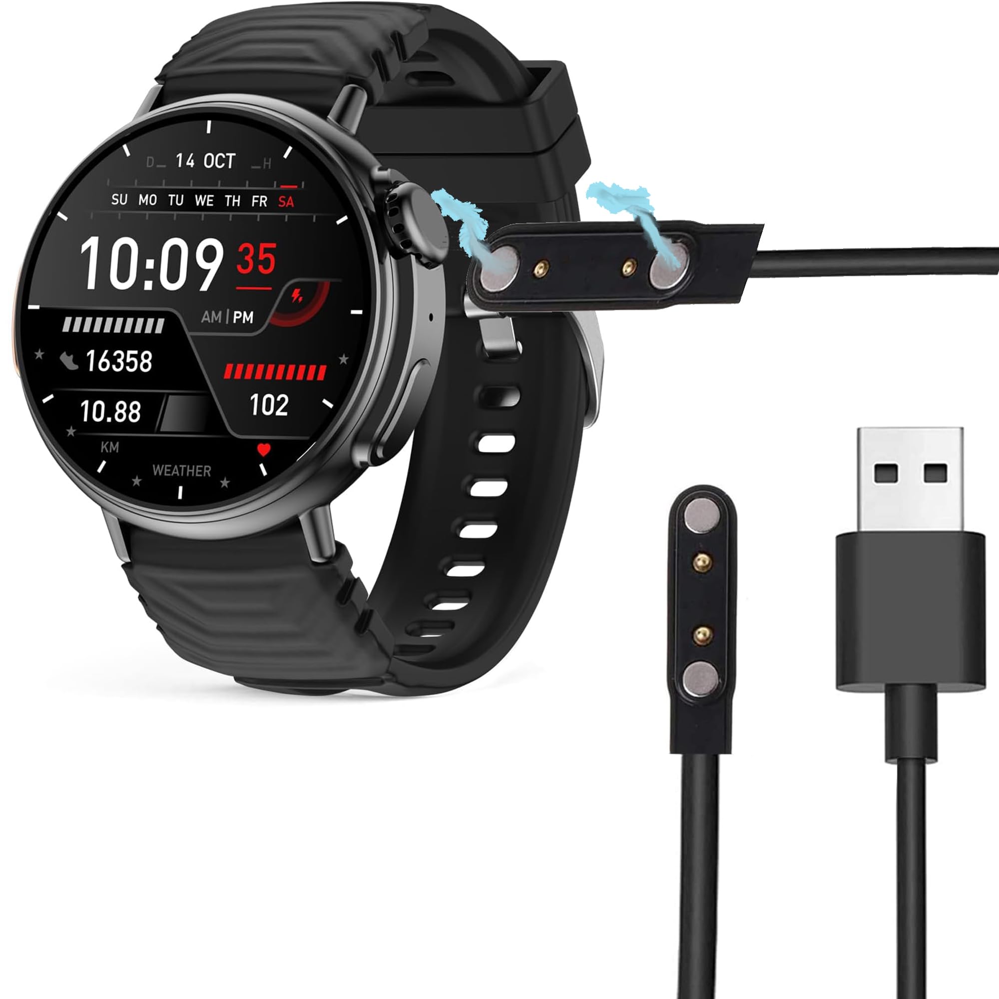 Compatible for AMZSA GT88 Smart Watch 1.52" Charger, Blueshaweu 2 Pin Magnetic USB Replacement Charging Compatible with AMZSA GT88 Smart Watch Ultra for Women men (Black)