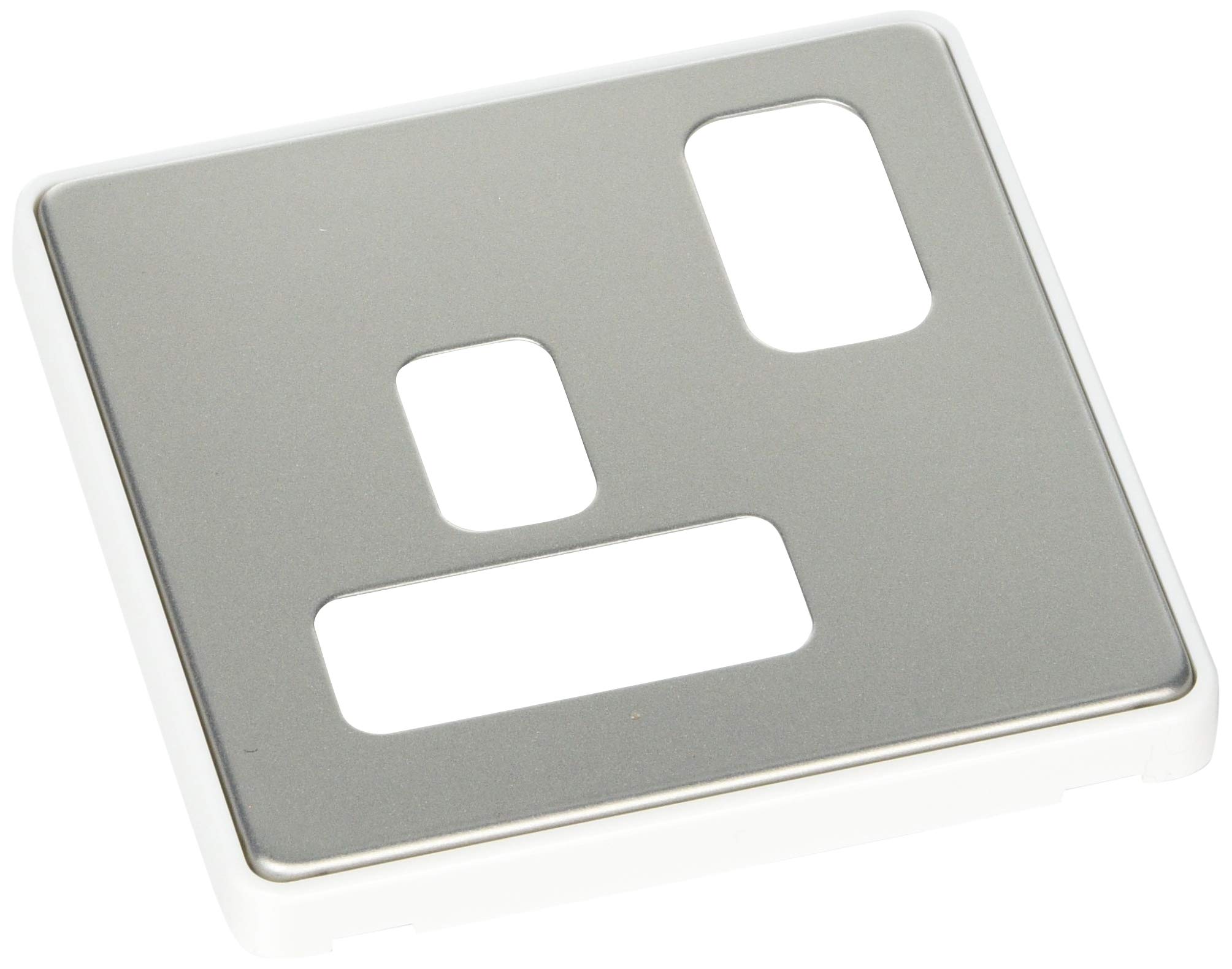 MK Dimensions 1 Gang 13A DP Dual Earth Switch Socket Satin Steel Finish Frontplate with a White Trim